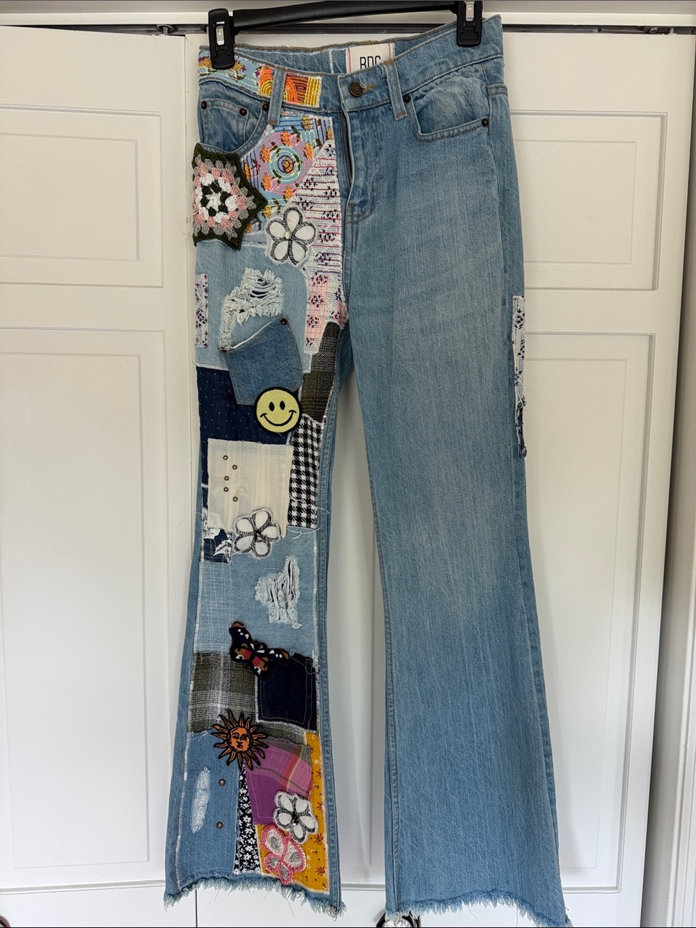 BDG Light Blue Patchwork Flare Bootcut Leg Jeans with Embellishing